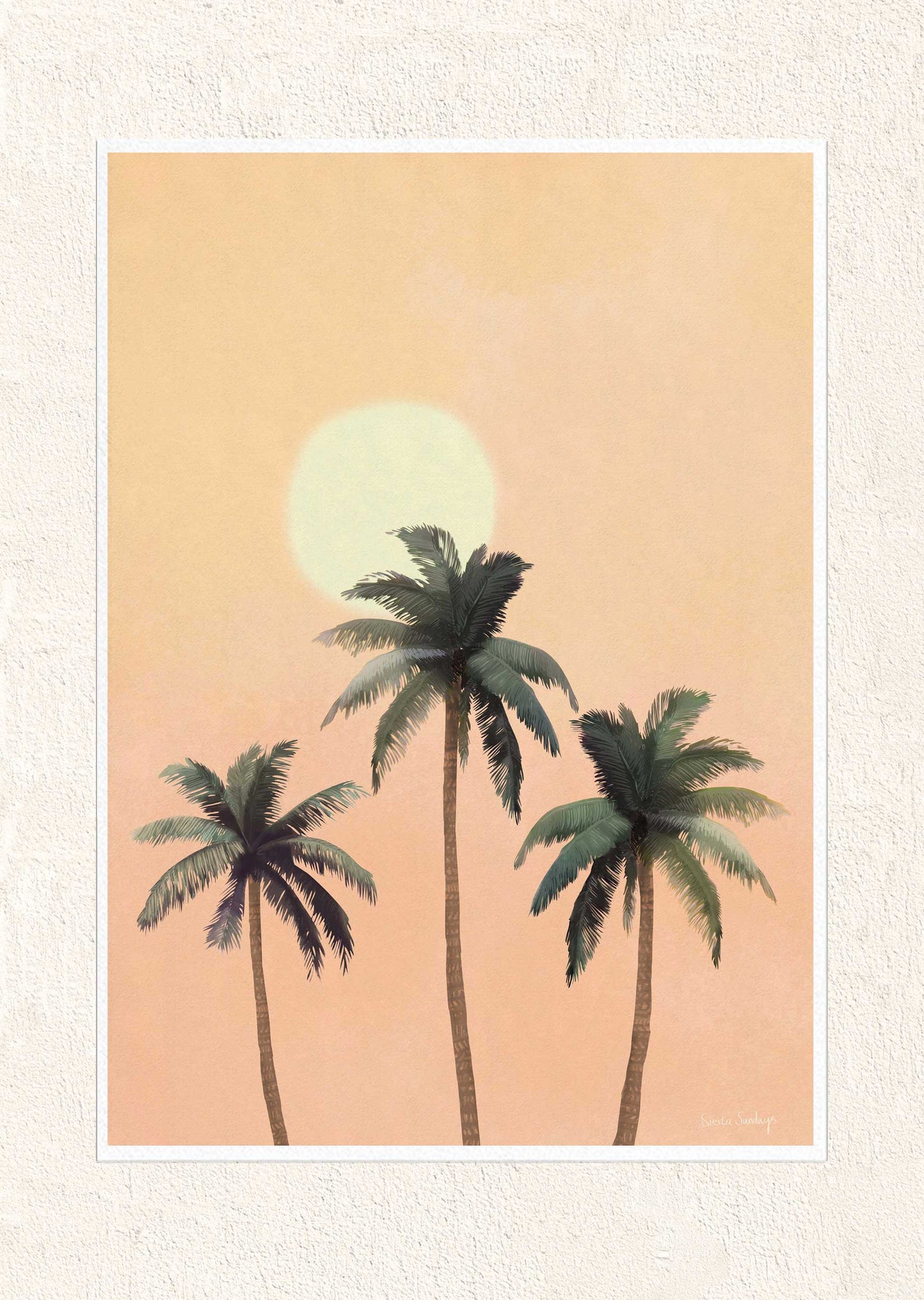 Art print of three palm trees with a large sun on a peach background