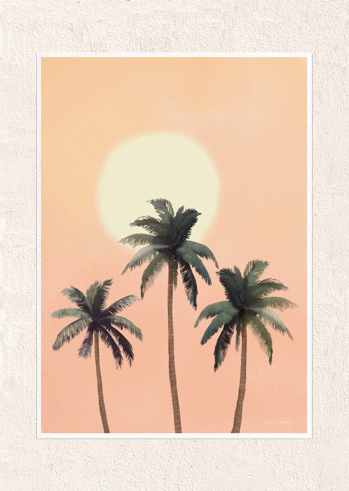 Art print of three palm trees with a large sun on a peach background
