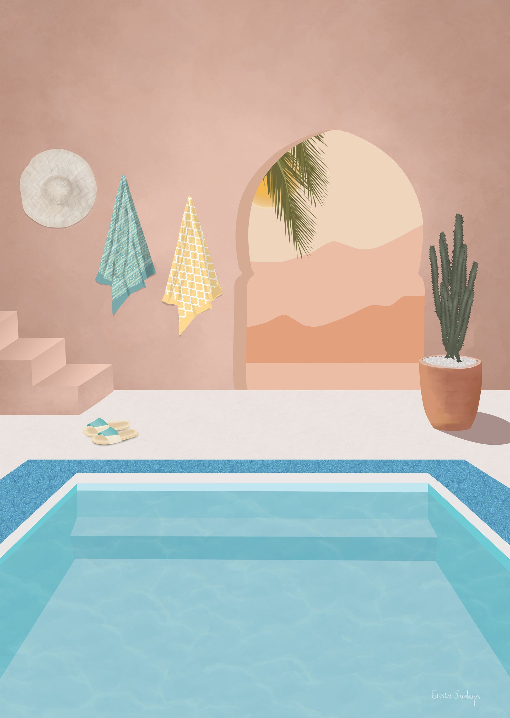 Pool area with a pink wall, towel, plant, and sandals on a white floor.