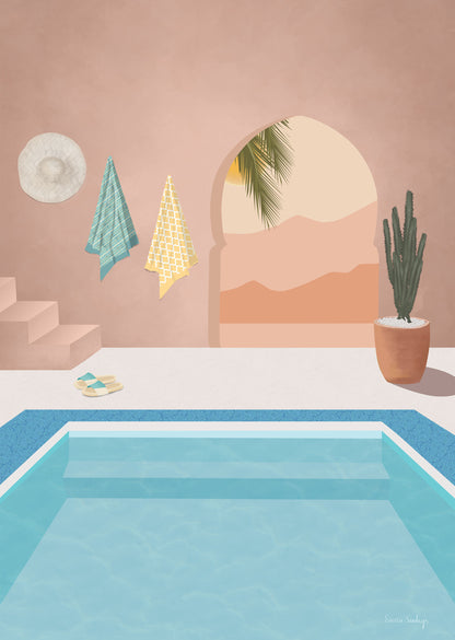 Pool area with a pink wall, towel, plant, and sandals on a white floor.