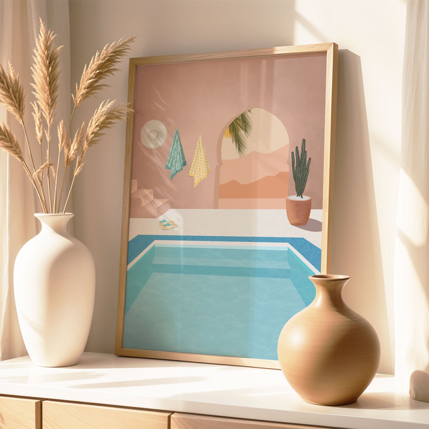 Framed artwork of a pool scene on a shelf with decorative vases.