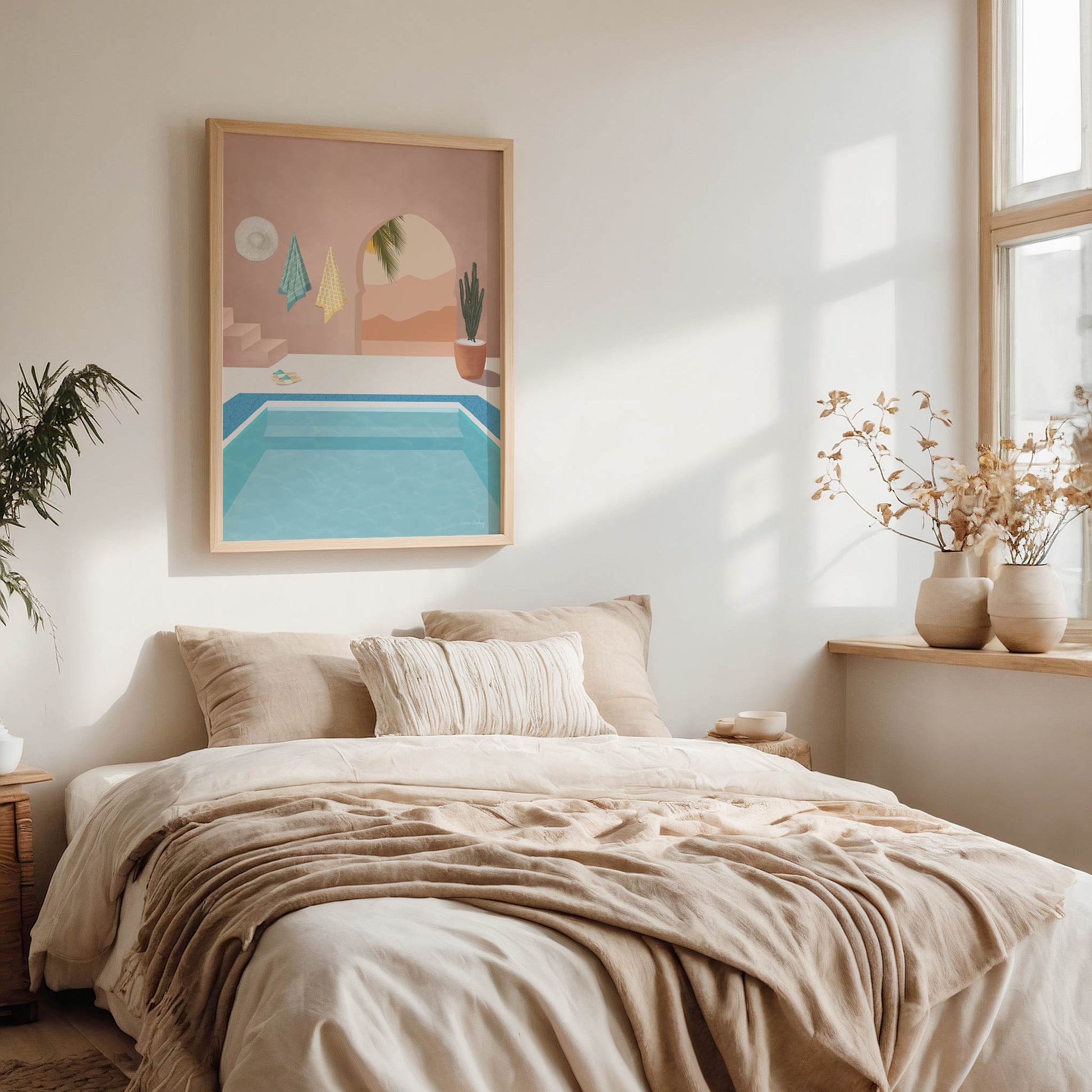 Neatly made bed in a bedroom with a painting of a pool on the wall.