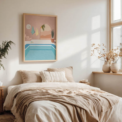 Neatly made bed in a bedroom with a painting of a pool on the wall.