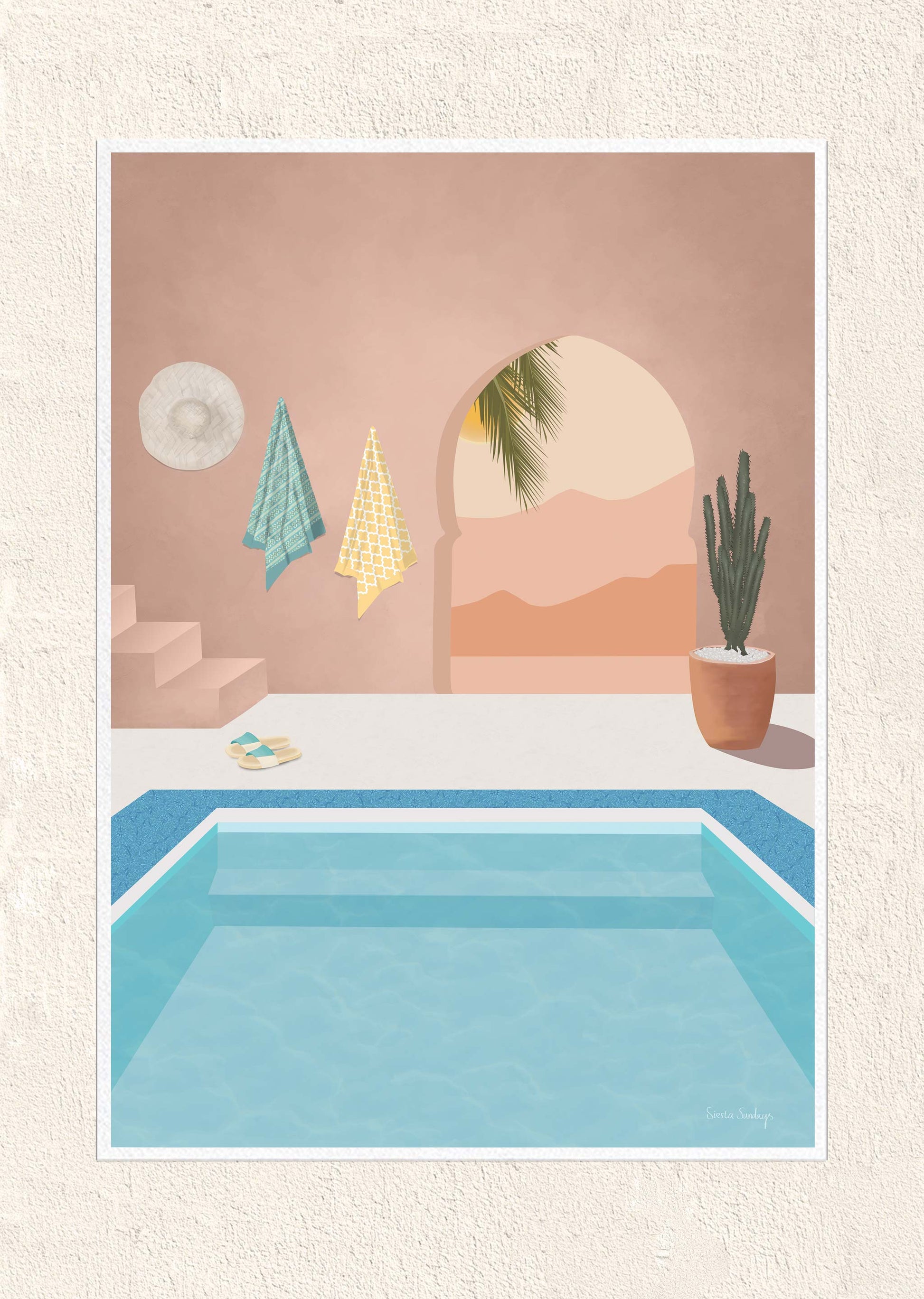 Illustration of a pool area with a pink wall, plant, and colorful lights.