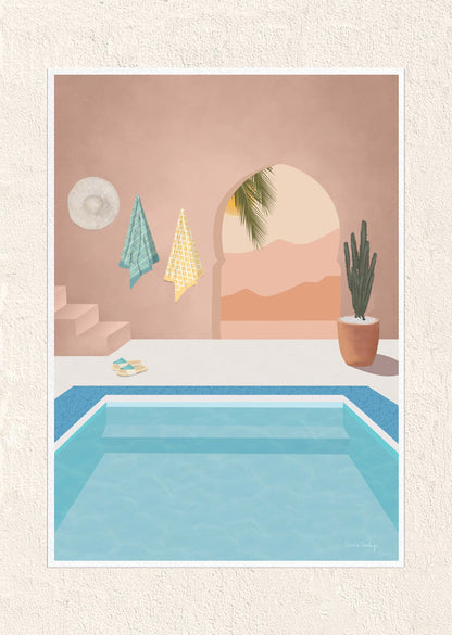 Illustration of a pool area with a pink wall, plant, and colorful lights.