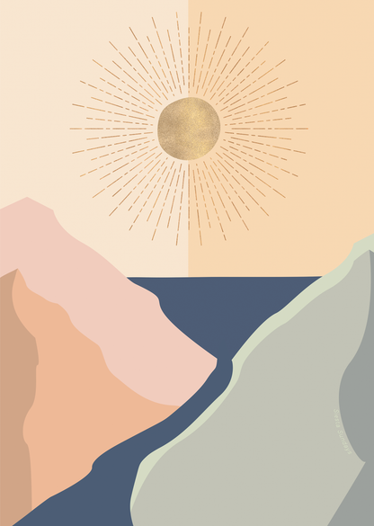 Abstract art print featuring a stylized sun and natural landscape with mountains and a body of water, in a limited color palette.