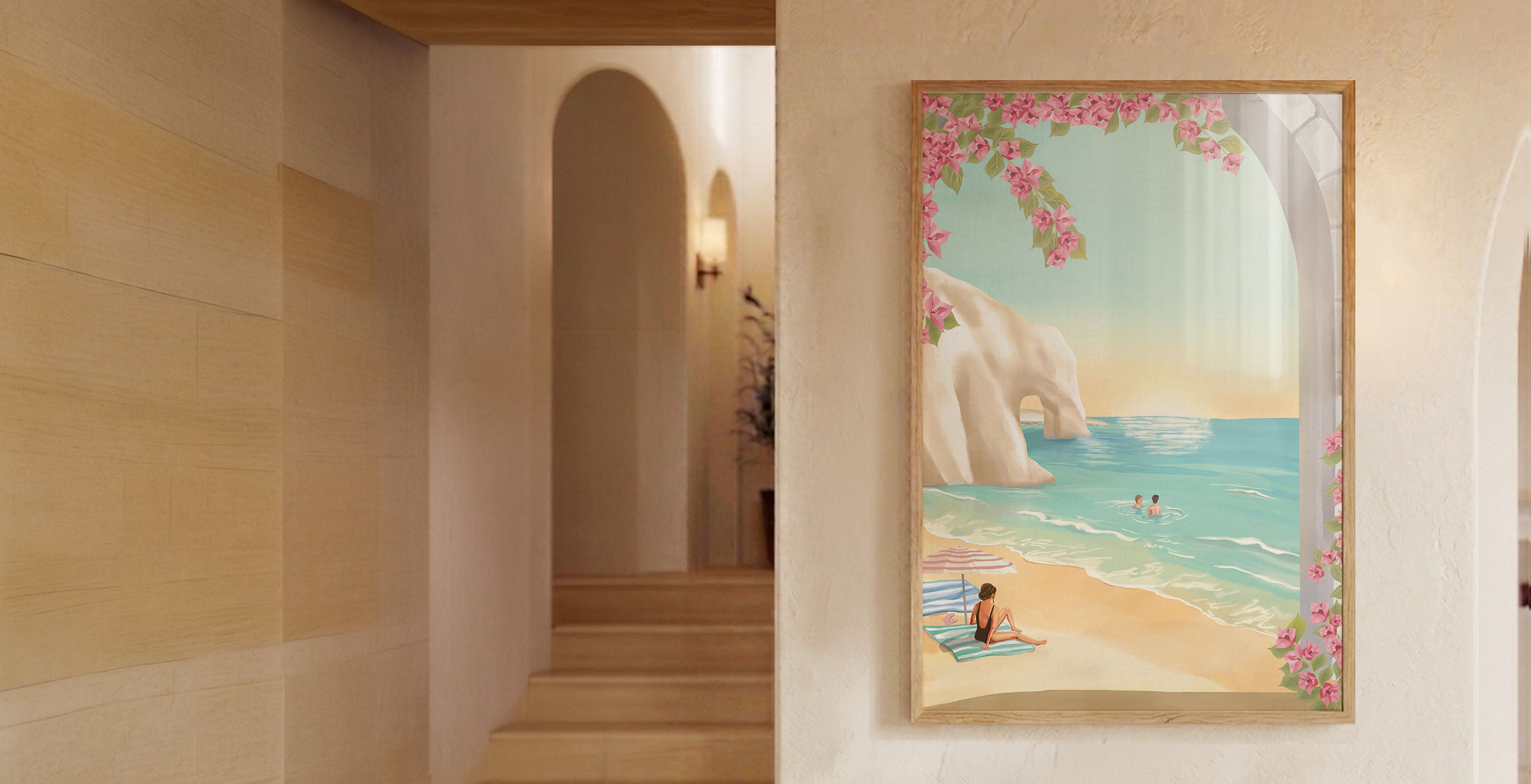 Framed artwork of a beach scene with people and flowers on a wall.