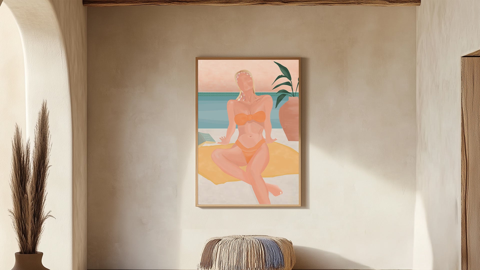 An image of a natural aesthetic room with archways and focus on an artwork of a woman in a bikini 