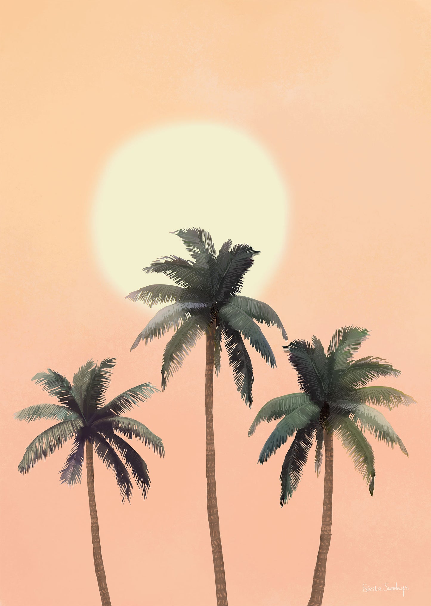 Three palm trees against a pink sky with a large sun.