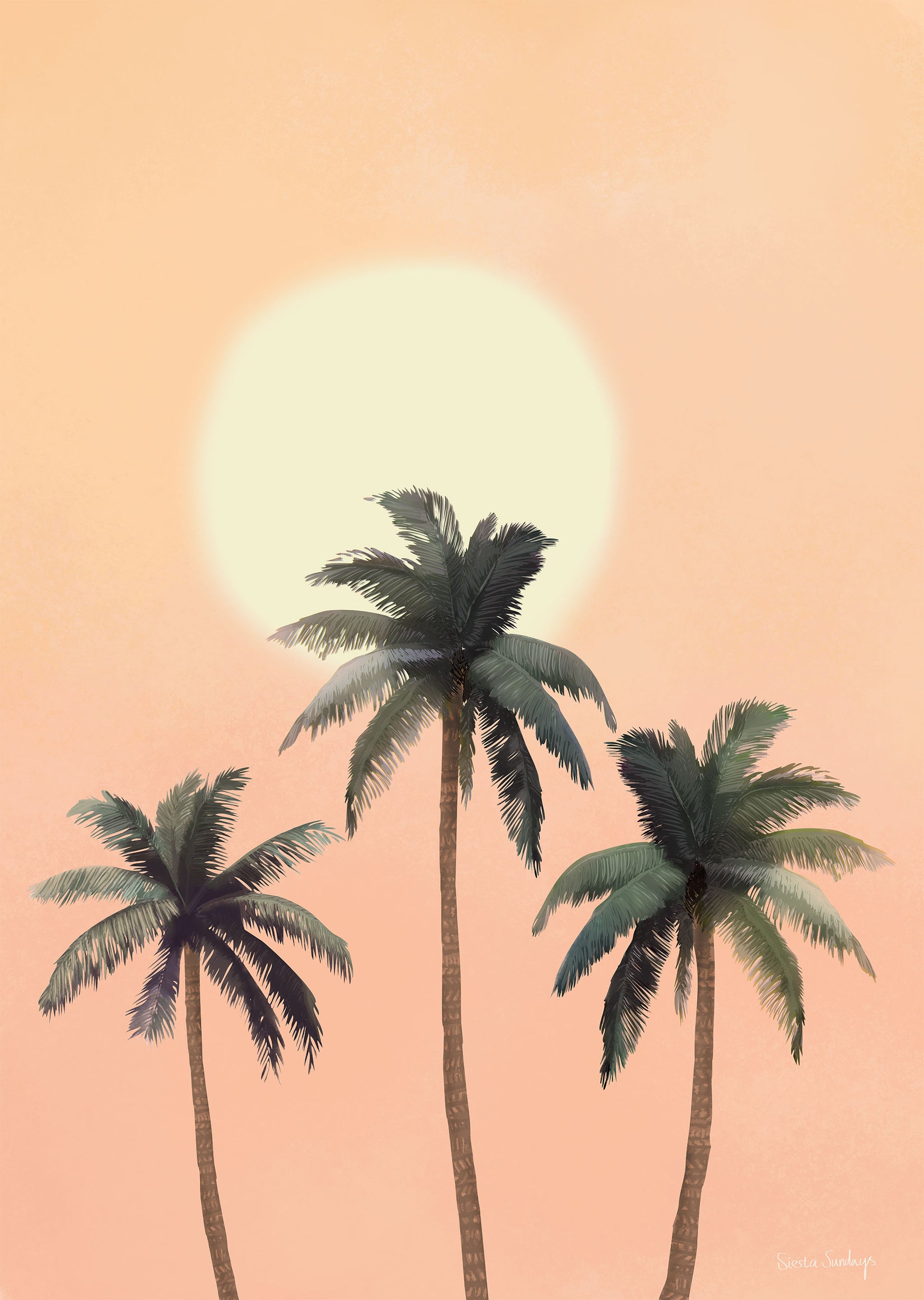 Three palm trees against a pink sky with a large sun.