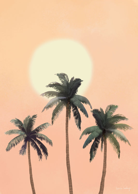Three palm trees against a pink sky with a large sun.