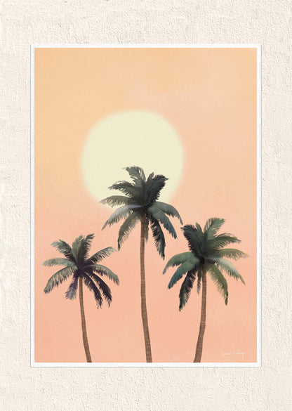 Art print of three palm trees with a large sun on a peach background
