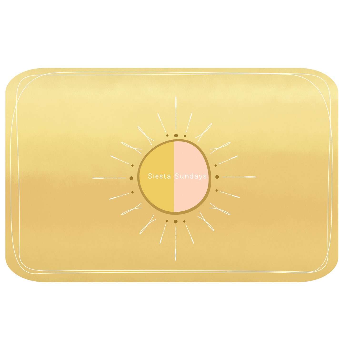 A digital e-gift card with a yellow background featuring a centered graphic of a sun and the text 'Siesta Sundays'.