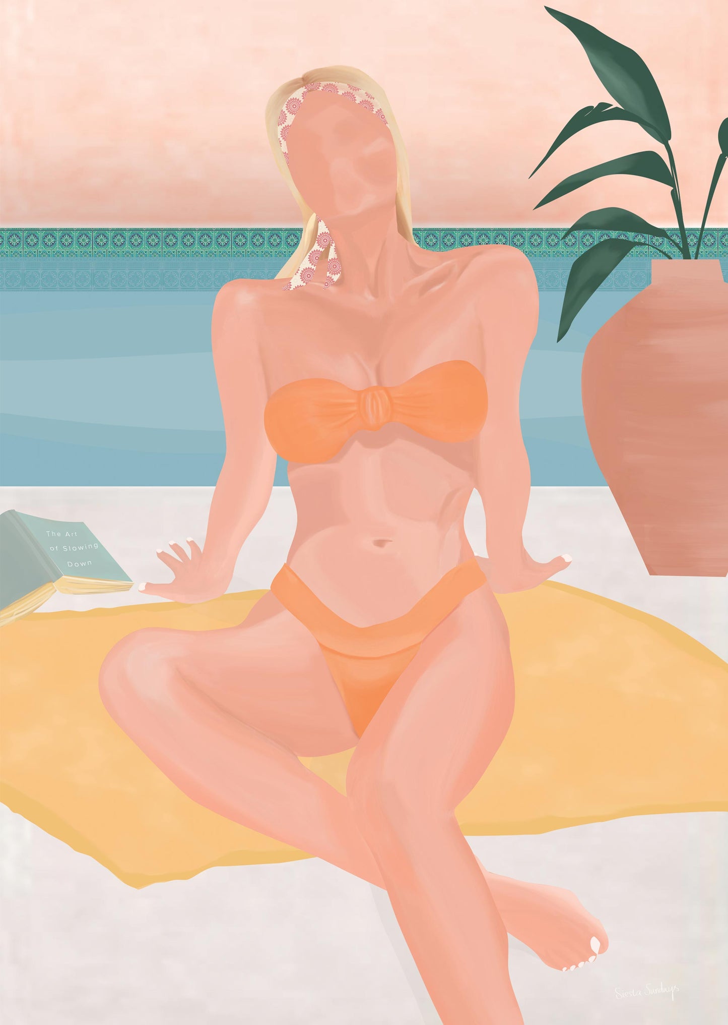 Woman in an orange bikini sitting on a towel with a plant in the background