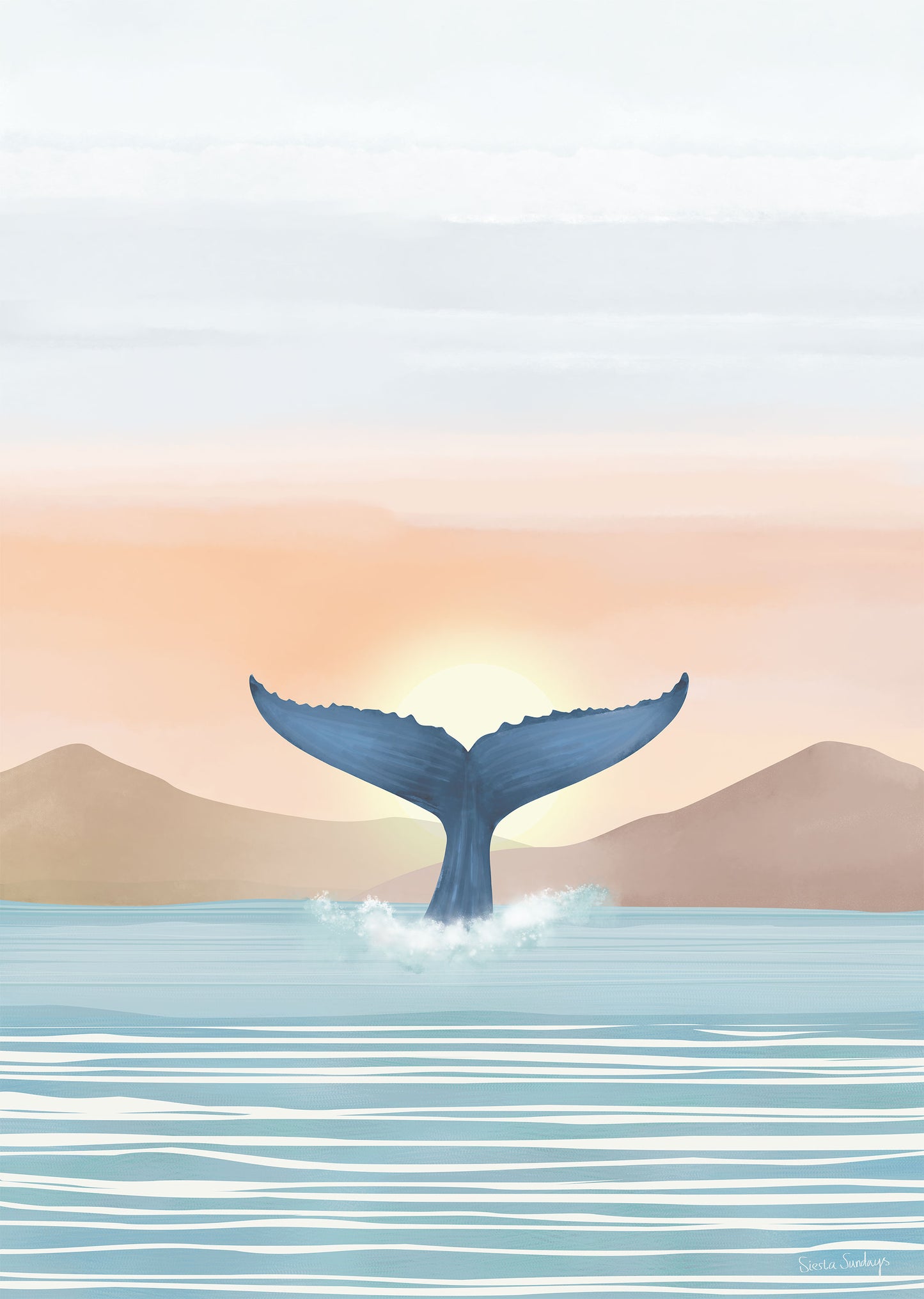 Whale tail emerging from water with a sunset or sunrise in the background