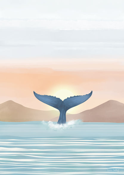 Whale tail emerging from water with a sunset or sunrise in the background