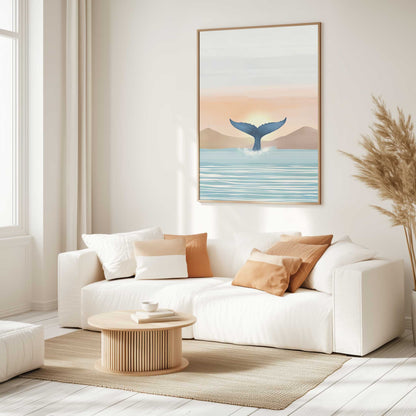 Modern living room with a white sofa, wooden coffee table, and whale art print on the wall.